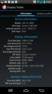Informace o displeji z aplikace Display tester