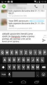 Aplikace Hangouts počítá zbývající znaky a zprávy, ale začíná s tím až ke konci první zprávy
