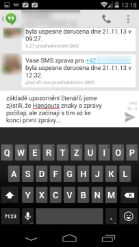 Aplikace Hangouts počítá zbývající znaky a zprávy, ale začíná s tím až ke konci první zprávy