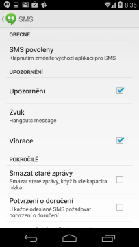Možnosti nastavení Hangouts SMS
