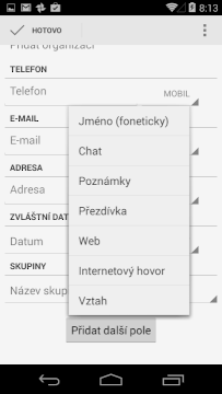 Přidávání nového kontaktu - další položky