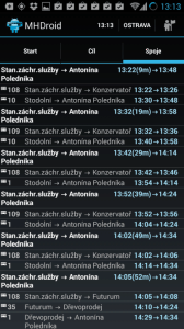 MHDroid Jízdní řády MHD: nalezené spoje