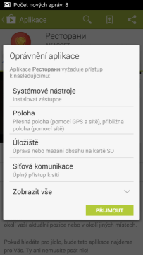 Požadavek na souhlas s oprávněními při instalaci v telefonu/tabletu