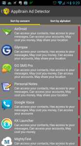 AppBrain Ad Detector - seznam aplikací podle oprávnění