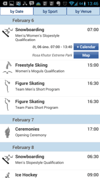 Sochi 2014 Calendar: přidání do kalendáře či navigace na místo