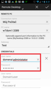 Zadání jména a hesla v doméně