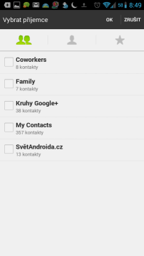 Aplikace umí pracovat se skupinami v adresáři Google
