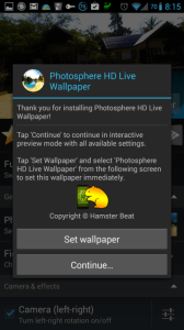 Photosphere HD Live Wallpaper: info při spuštění