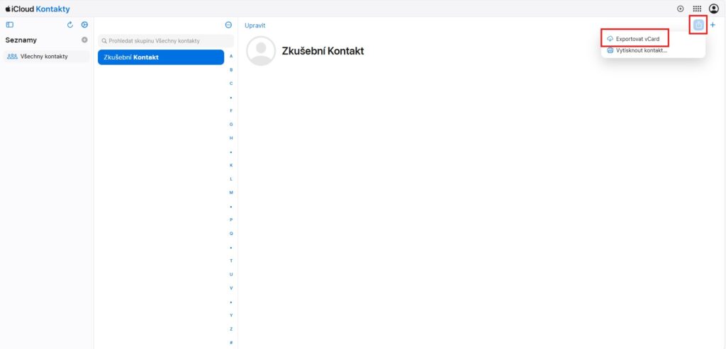 exportovat vcard icloud