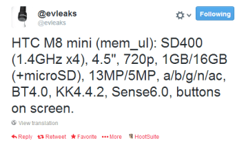 Tweet @evleaks s údajnými parametry HTC One 2 mini
