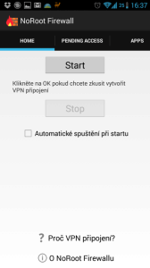 Sekce Home - zde se firewall zapíná a vypíná