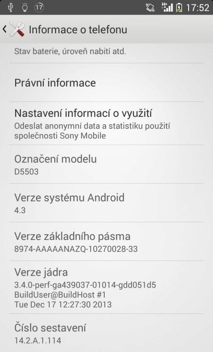 Sony Xperia Z1 Compact Screenshot - verze systému (1)