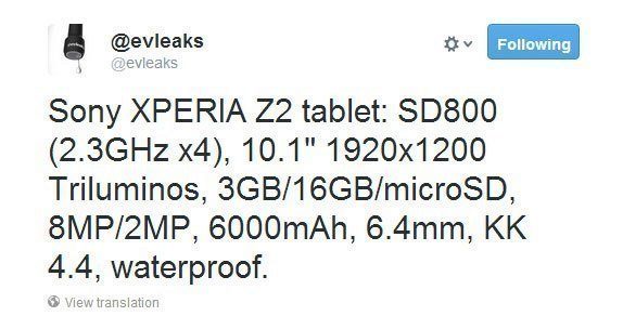 Tweet @evleaks s údajnými parametry Sony Xperia Tablet Z2