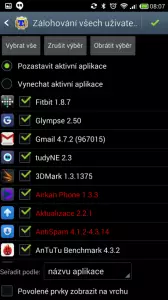 Výběr zálohovaných aplikací a nastavení