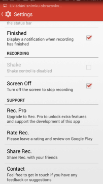Možnosti nastavení aplikace Rec. (Screen Recorder)