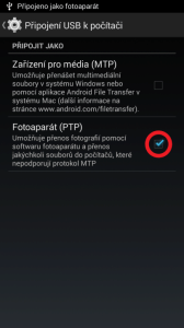 Přepnout volbu na Fotoaparát (PTP)
