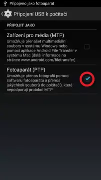 Přepnout volbu na Fotoaparát (PTP)