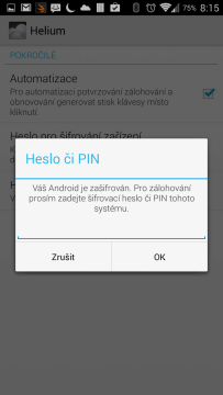 Nastavení hesla pro zálohy v aplikaci Helium