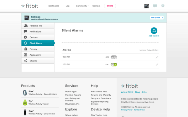 Fitbit Flex webové rozhraní budík