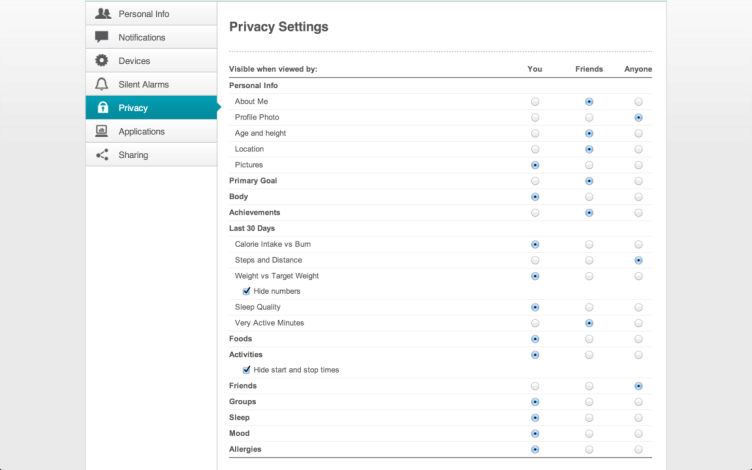 Fitbit Flex webové rozhraní privacy