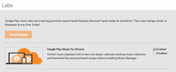 Položka Google Play Music for Chrome v laboratoři
