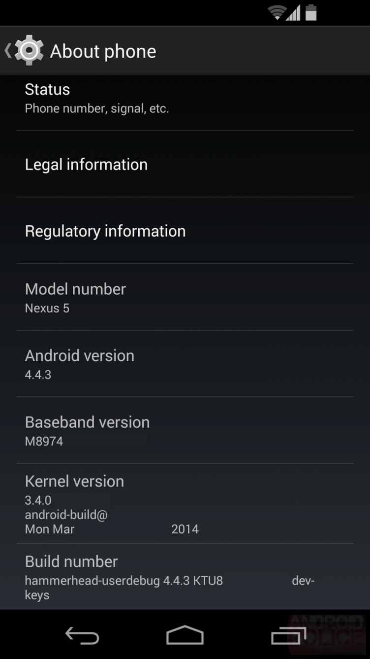 Nexus 5 s testovacím sestavením Androidu 4.4.3