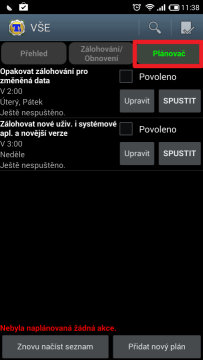 Sekce Plánovač s připravenými plány