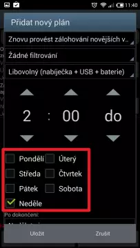 Výběr dnů, kdy má automatická záloha probíhat