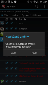 Pokud pravidla neuložíte, AFWall+ se zeptá