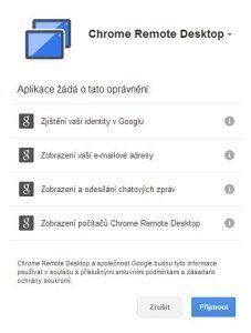 Doplněk Vzdálená plocha Chrome je nutné autorizovat