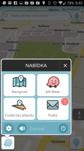 Waze: hlavní nabídka aplikace