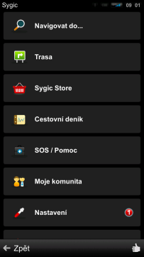 Sygic: hlavní obrazovka