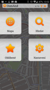 OsmAnd Mapy a Navigace: úvodní obrazovka