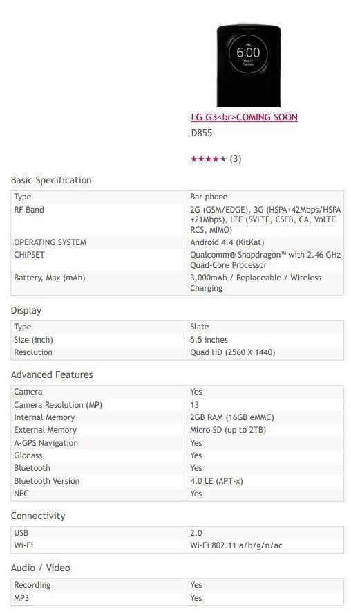 LG G3: specifikace dle LG UK