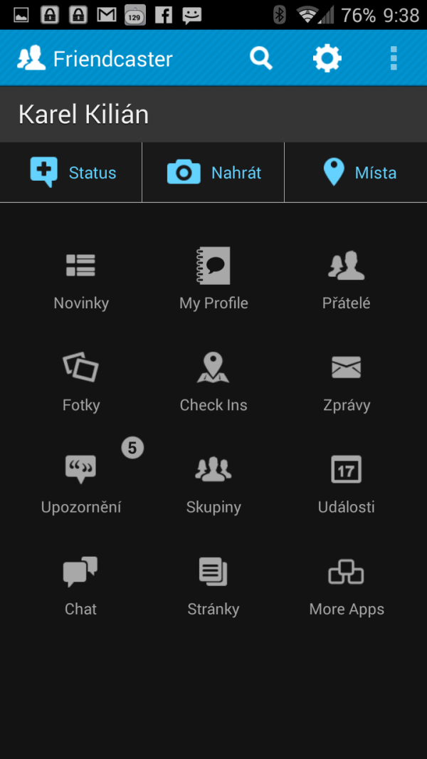 Hlavní obrazovka aplikace Friendcaster