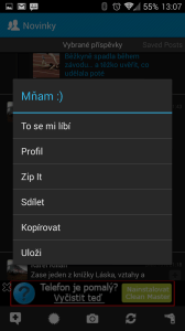 Kontextová nabídka po dlouhém tapnutí na příspěvek