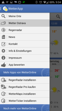 Wetter App: postranní nabídka