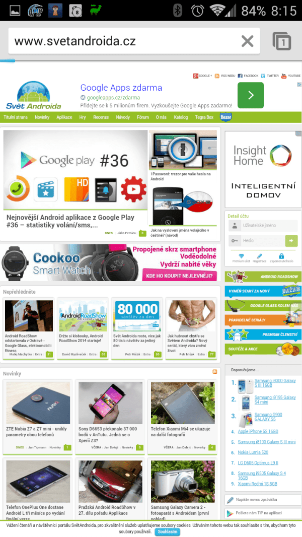 Zobrazení webu SvětAndroida.cz v aplikaci Prohlížeč Chrome – Google
