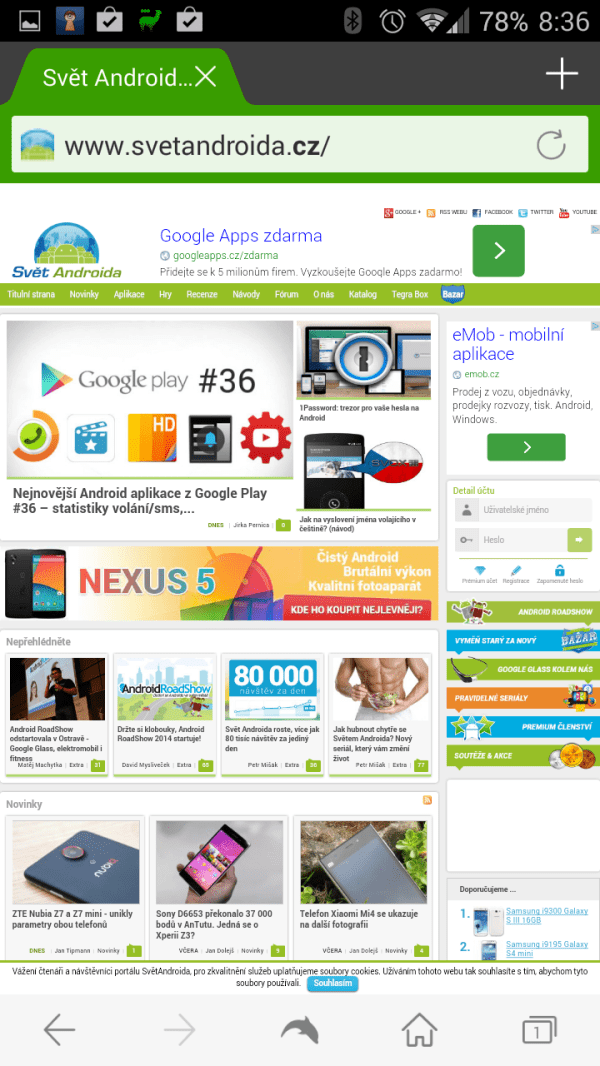 Zobrazení webu SvětAndroida.cz v aplikaci Dolphin Browser