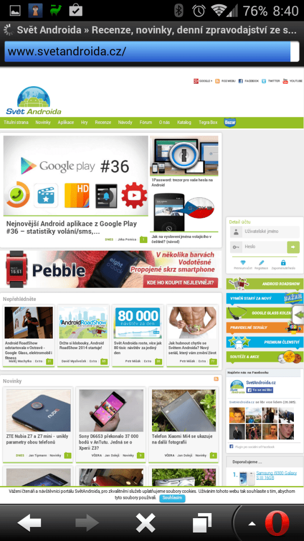 Zobrazení webu SvětAndroida.cz v aplikaci Opera Mobile Classic