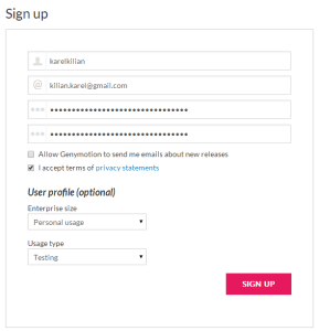 Registrace na Genymotion