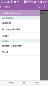 Aplikace Hudba - postranní nabídka