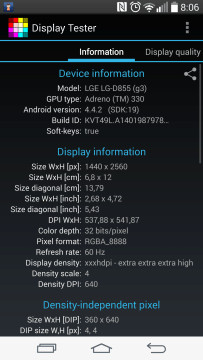 Parametry obrazovky telefonu LG G3
