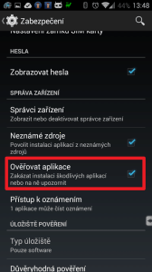 V systémovém nastavení v sekci Zabezpečení zkontrolujte, že máte aktivní položku Ověřovat aplikace!