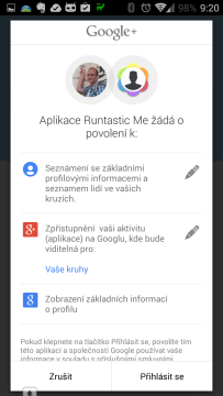Přihlášení účtem Google - požadavky na oprávnění