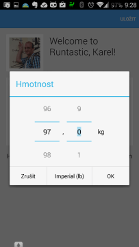 Zadání hmotnosti uživatele