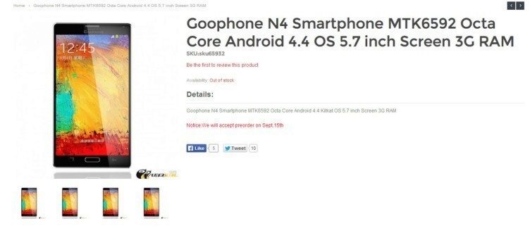 Jen krátce poté, co byly zveřejněny první údajné snímky připravovaného Samsungu Galaxy Note 4, se na Internetu objevila stránka s telefonem Goophone N4. Jen krátce poté, co byly zveřejněny první údajné snímky připravovaného Samsungu Galaxy Note 4, se na Internetu objevila stránka s telefonem Goophone N4.