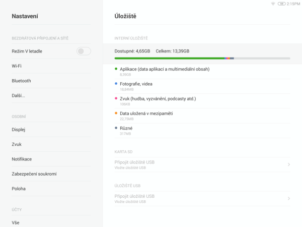 Interní paměť nabídne přibližně 13,5 GB pro uživatele