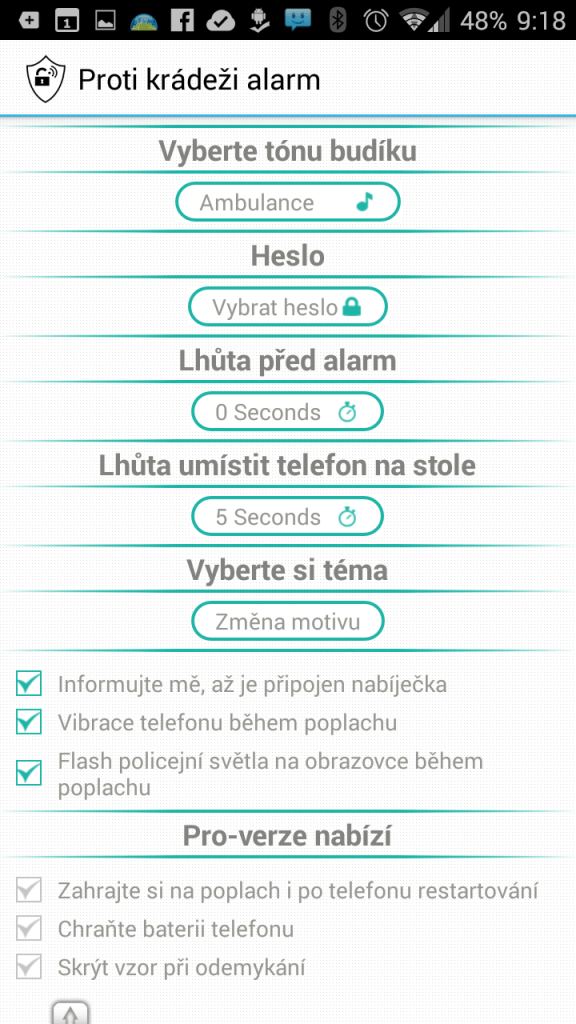 Možnosti nastavení aplikace Anti theft alarm