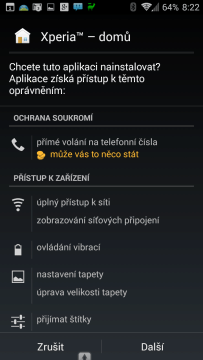 Přehled požadovaných oprávnění aplikace instalované z APK balíčku